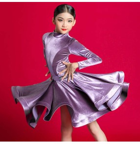 Girls kids black turquoise dark green pink velvet ballroom latin dance dresses salsa cha cha dance costumes modern dance wear for girls